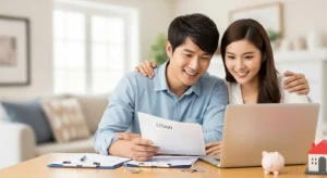 행복한 한국인 신혼부부가 노트북으로 주택 대출 서류를 확인하는 모습
