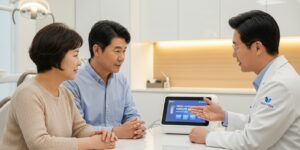 임플란트 뼈이식 통증 줄이는 마취법을 상담 중인 시니어 부부와 치과 전문의 모습
