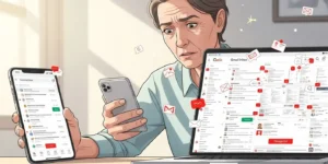 지메일 용량 부족 알림을 확인하는 중장년 사용자 이미지