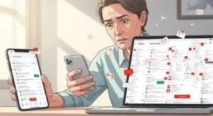 지메일 용량 부족 알림을 확인하는 중장년 사용자 이미지