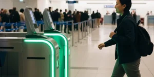 자동출입국 등록 성공 후 빠르게 심사대를 통과하는 사람의 모습