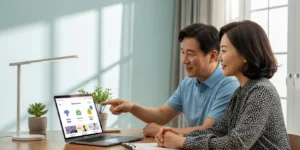 인터넷 요금제를 비교하며 사은품과 결합 할인을 확인하는 중장년 부부