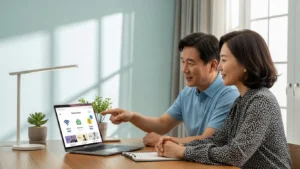 인터넷 요금제를 비교하며 사은품과 결합 할인을 확인하는 중장년 부부