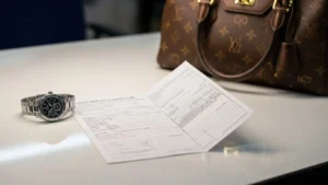 공항 세관 책상 위에 명품 가방과 시계, 세관신고서가 정리된 모습