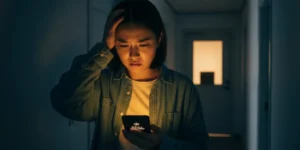 문앞 택배 분실을 확인하는 사람과 스마트폰에 뜬 배송 완료 알림, 택배 분실 보상 절차