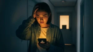 문앞 택배 분실을 확인하는 사람과 스마트폰에 뜬 배송 완료 알림, 택배 분실 보상 절차