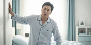 압약 복용 후 자리에서 일어날 때 어지러움을 느껴 벽을 잡는 중장년 남성