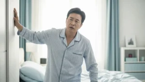 압약 복용 후 자리에서 일어날 때 어지러움을 느껴 벽을 잡는 중장년 남성
