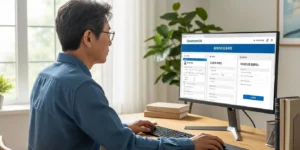 이사 후 정부24에서 전입신고와 토지대장/납세증명서 등 서류를 집에서 온라인으로 쉽게 발급받는 중년 남성의 모습