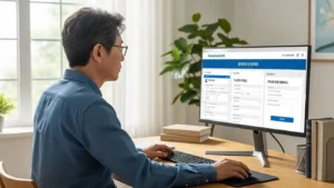 이사 후 정부24에서 전입신고와 토지대장/납세증명서 등 서류를 집에서 온라인으로 쉽게 발급받는 중년 남성의 모습