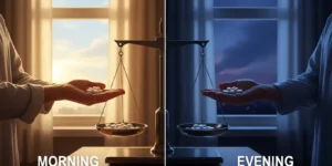 아침과 저녁 중 혈압약을 언제 먹을지 고민하는 중장년 남성 일러스트