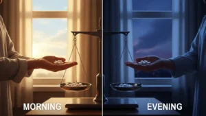 아침과 저녁 중 혈압약을 언제 먹을지 고민하는 중장년 남성 일러스트