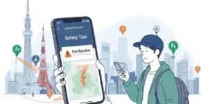 도쿄 여행 중 지진 발생 시 안전 안내 앱을 확인하는 여행자의 모습