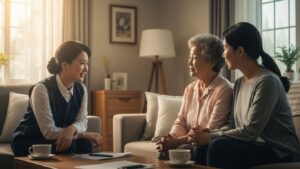 치매 어르신과 자녀가 전문가에게 노인장기요양보험 등급 신청 상담을 받는 따뜻한 모습