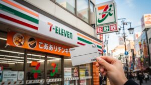 일본 도쿄 편의점 앞에서 트래블로그 카드를 들고 있는 여행객의 모습