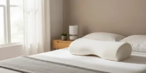 아침 햇살이 비치는 침대 위에 놓인 화이트 경추 메모리폼 베개