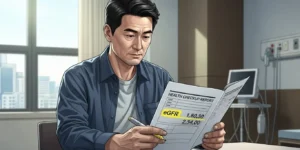 eGFR 수치 낮음으로 표시된 건강검진 결과지를 확인하는 모습
