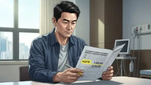 eGFR 수치 낮음으로 표시된 건강검진 결과지를 확인하는 모습