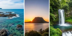 제주도의 푸른 해안선, 성산일출봉 일출, 정방폭포 전경을 담은 3분할 풍경