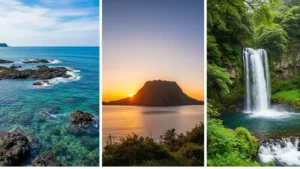 제주도의 푸른 해안선, 성산일출봉 일출, 정방폭포 전경을 담은 3분할 풍경