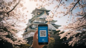 오사카성 앞에서 스마트폰 디지털 주유패스를 사용하는 여행자의 모습