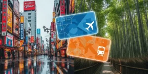 오사카 도톤보리와 교토 대나무 숲을 배경으로 한 오사카 주유패스 및 간사이 레일 패스 비교