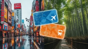 오사카 도톤보리와 교토 대나무 숲을 배경으로 한 오사카 주유패스 및 간사이 레일 패스 비교