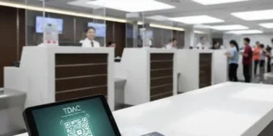 태국 입국심사대에서 TDAC 디지털 입국카드 QR코드를 확인하는 모습