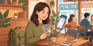 엔화 지폐와 스마트폰 환전 앱으로 일본 여행을 준비하는 모습