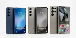 갤럭시 S26 시리즈 3종 제품 이미지 - S26, S26+, S26 울트라 티타늄 그레이 및 딥 블루 색상