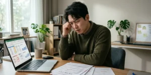 학자금 대출 상환 부담으로 고민하는 청년의 모습과 고지서