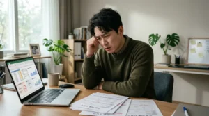 학자금 대출 상환 부담으로 고민하는 청년의 모습과 고지서
