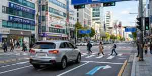 2026 우회전 단속 기준 안내 이미지, 정지선 앞 차량과 횡단보도 보행자 모습