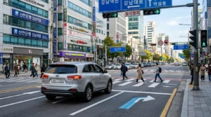 2026 우회전 단속 기준 안내 이미지, 정지선 앞 차량과 횡단보도 보행자 모습