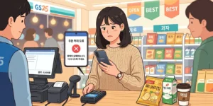 계산대 앞에서 삼성페이 결제 오류가 발생한 갤럭시 스마트폰 화면