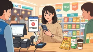 계산대 앞에서 삼성페이 결제 오류가 발생한 갤럭시 스마트폰 화면
