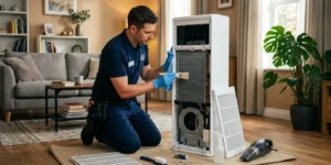 에어컨 청소 업체 전문가의 완전 분해 세척 작업 모습