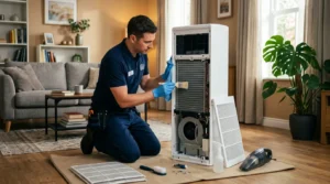 에어컨 청소 업체 전문가의 완전 분해 세척 작업 모습