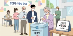 2026년 6월 3일 지방선거 사전투표 및 본투표 일정을 알리는 달력과 투표함