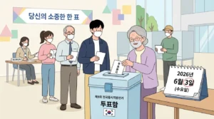 2026년 6월 3일 지방선거 사전투표 및 본투표 일정을 알리는 달력과 투표함