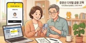 카카오페이 인증서를 스마트폰으로 발급받는 중장년 사용자 모습