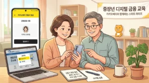 카카오페이 인증서를 스마트폰으로 발급받는 중장년 사용자 모습