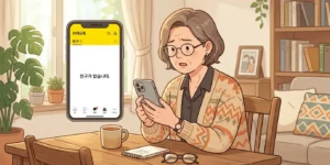 카톡 친구 추가 안됨 – 스마트폰을 보며 당황한 중장년 여성