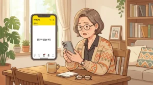 카톡 친구 추가 안됨 – 스마트폰을 보며 당황한 중장년 여성 
