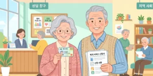 65세 노인 복지카드와 서류를 들고 있는 장면