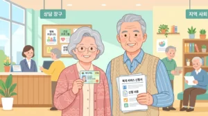 65세 노인 복지카드와 서류를 들고 있는 장면